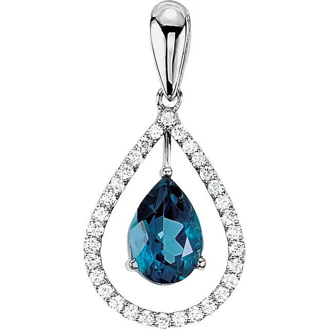 14KT WHITE GOLD BLUE TOPAZ & DIAMOND PEAR SHAPE PENDANT