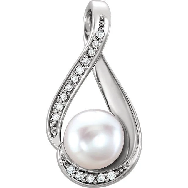 14KT WHITE GOLD FRESHWATER CULTURED PEARL & DIAMOND RIBBON PENDANT