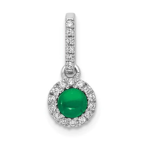 14KT WHITE GOLD HALO DIAMOND AND CABOCHON EMERALD PENDANT