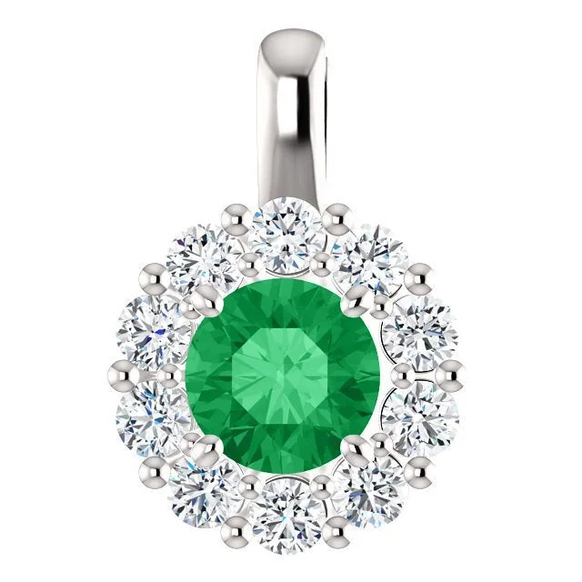 14KT WHITE GOLD ROUND EMERALD AND DIAMOND HALO PENDANT