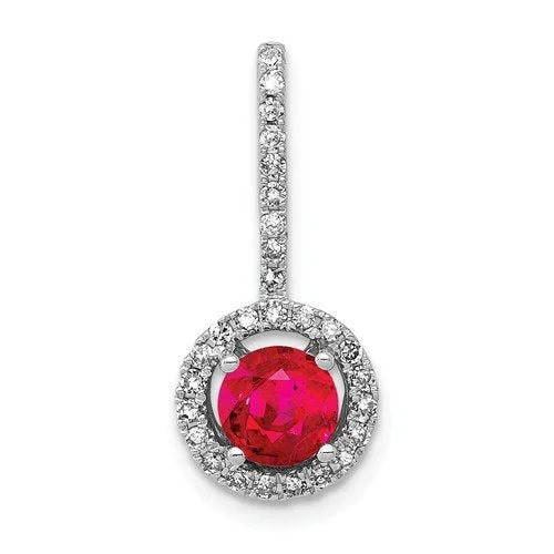 14KT WHITE GOLD RUBY AND ROUND DIAMOND HALO PENDANT