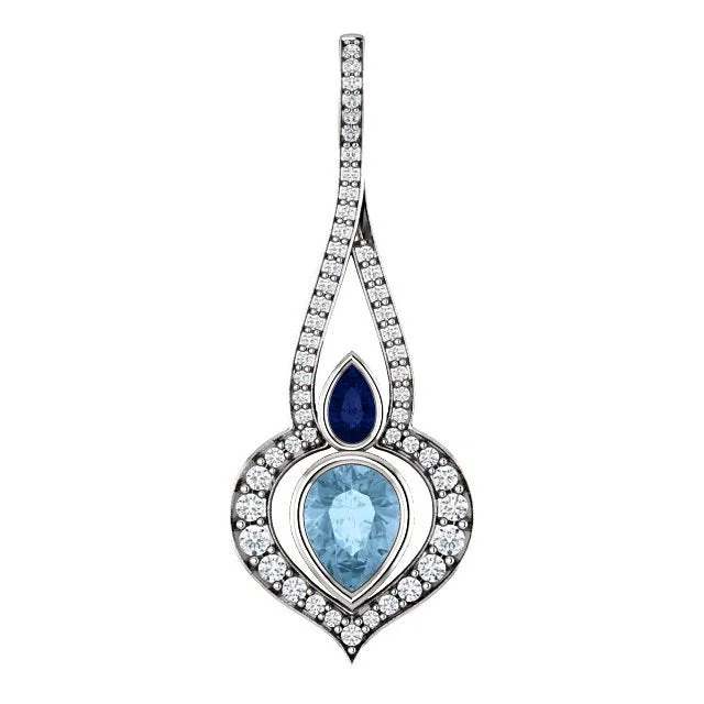 14KT WHITE GOLD TOPAZ, SAPPHIRE, & DIAMOND ACCENT DROP PENDANT