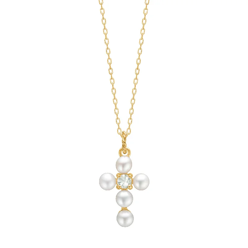 Reef 18K Gold Plated Pendant Cross w. Prasiolite & Pearl