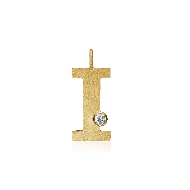 Letter I 18K Gold Pendant w. Diamond