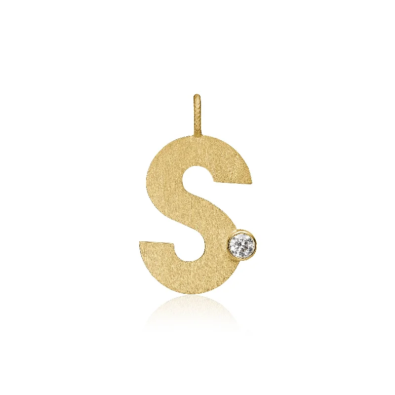 Letter S 18K Gold Pendant w. Diamond