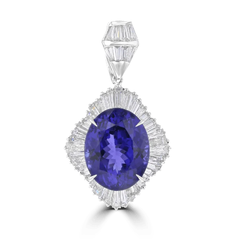 JULEVE 18KT 17.54 CARAT TANZANITE & 3.01 CARAT BAGUETTE DIAMOND HALO PENDANT