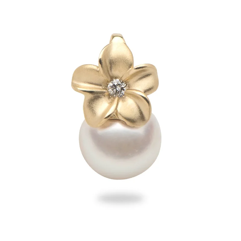 Plumeria Akoya White Pearl Pendant in Gold with Diamond - 8mm