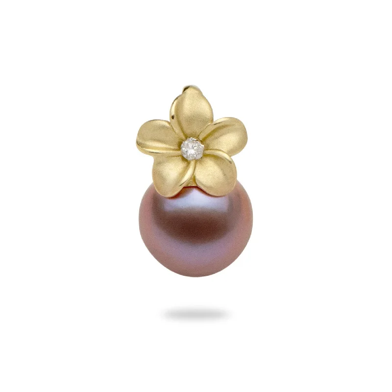 Plumeria Lilac Freshwater Pearl Pendant in Gold with Diamond - 9-10mm