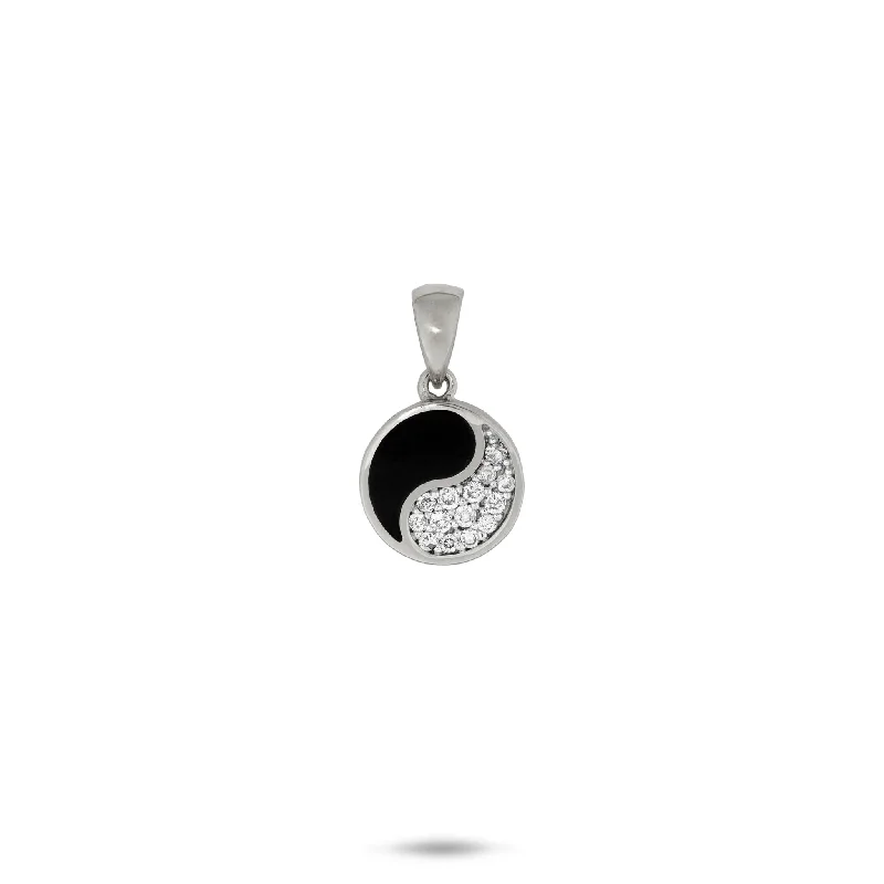 Yin Yang Black Coral Pendant in White Gold with Diamonds - 10mm