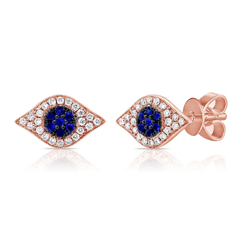 14K Rose Gold Diamond + Blue Sapphire Evil Eye Earrings