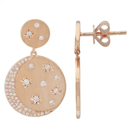 14k Rose Gold Moon Diamond Earrings Sand Finish