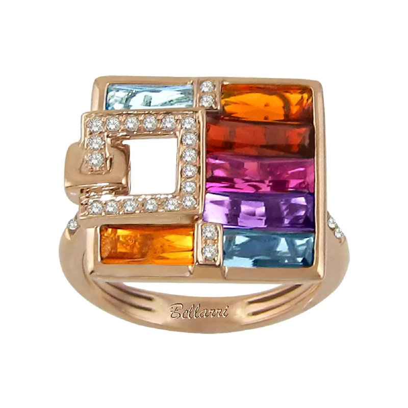 14K Rose Square Multi-Gemstone and Natural Diamond Ring Size 7