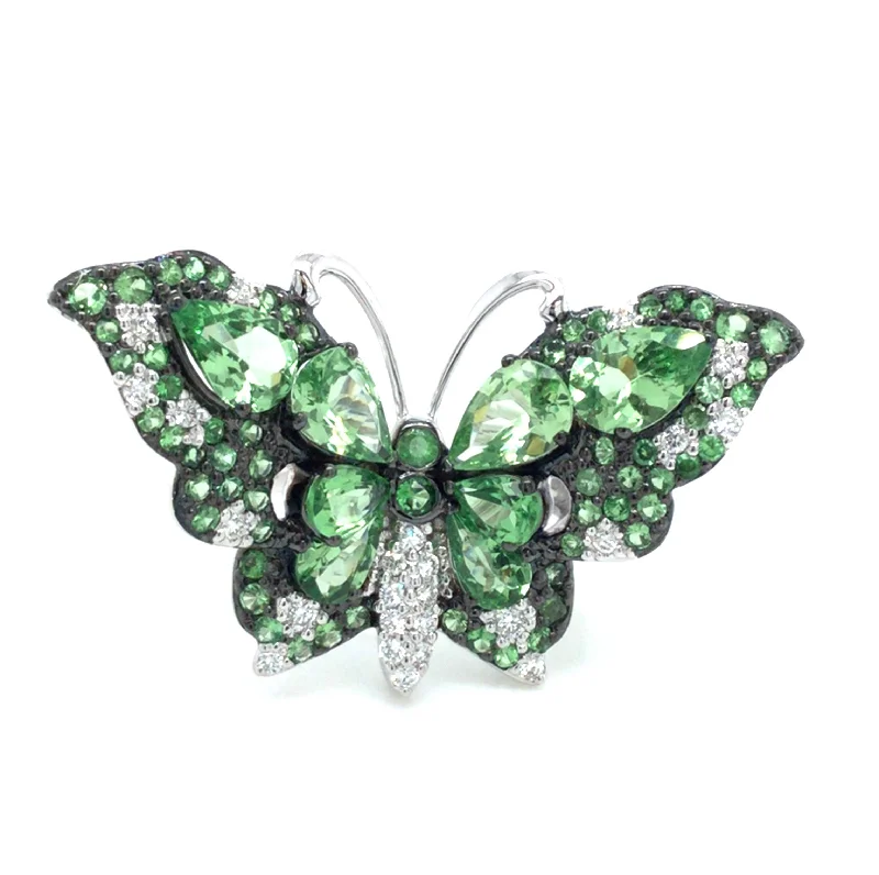 14K White Butterfly Tsavorite Garnet and Natural Diamond Ring Size 7