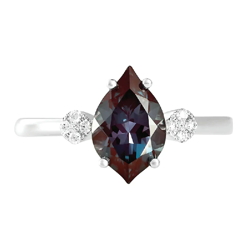 14K White Chatham Alexandrite and Lab Grown Diamond Ring Size 6.5