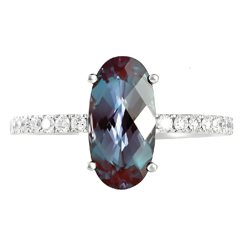 14K White Chatham Alexandrite and Lab Grown Diamond Ring Size 6.5