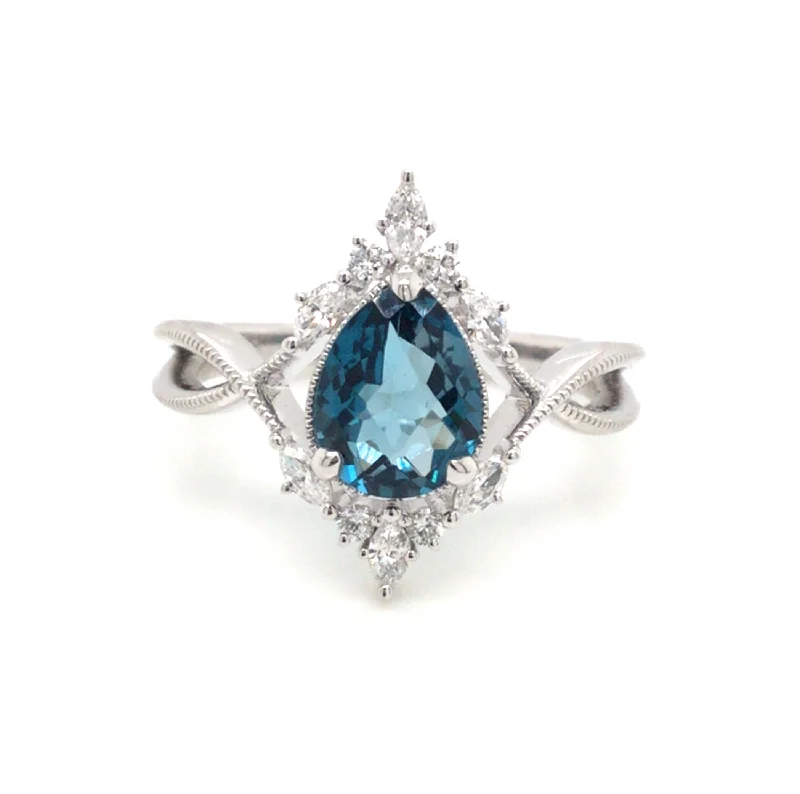 14K White Contemporary Blue Topaz and Natural Diamond Ring Size 6.5