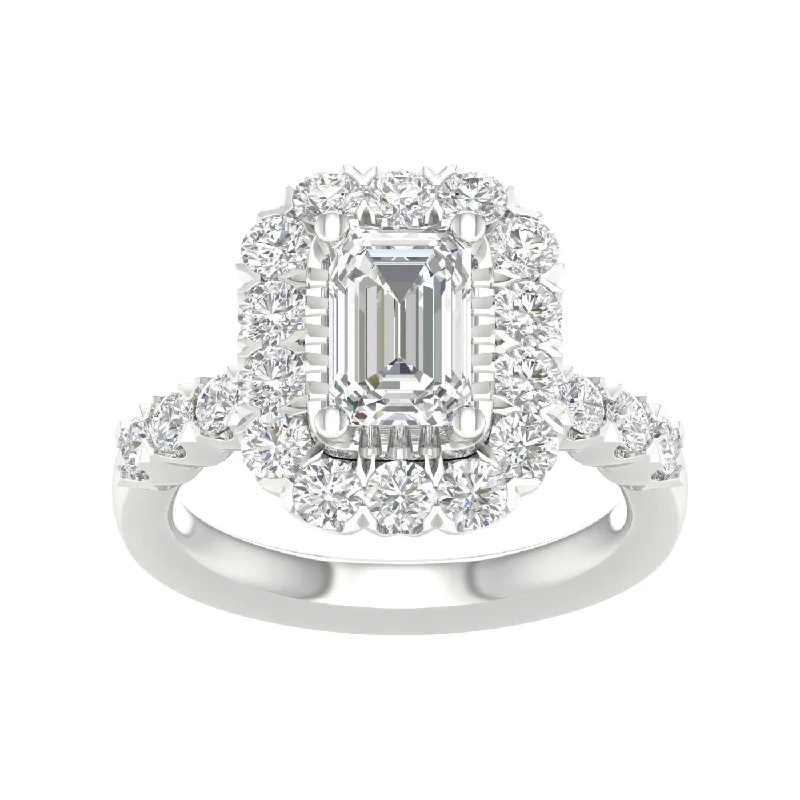 14K White Emerald Cut Lab Grown Diamond Halo Engagement Ring