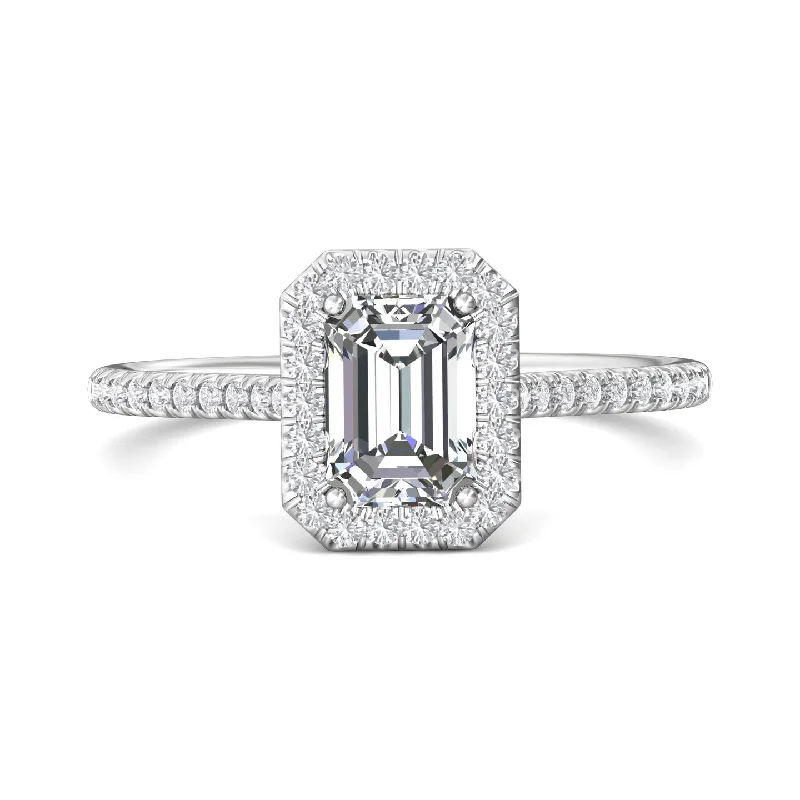 14K White Emerald Cut Natural Diamond Halo Engagement Ring