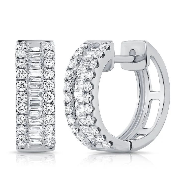 14K White Gold Baguette Diamond Huggie Earrings