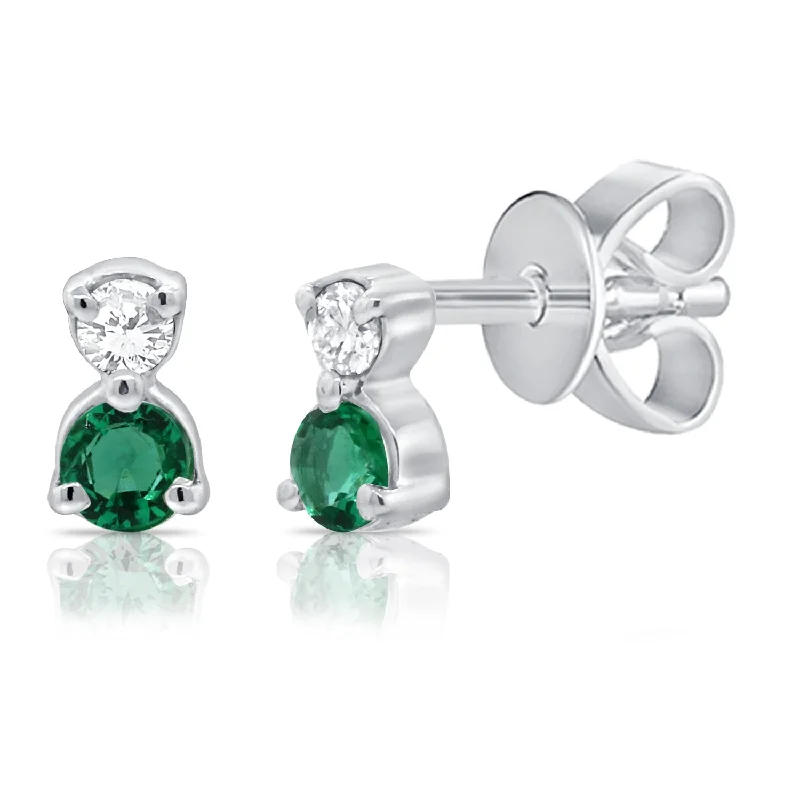 14K White Gold Diamond + Emerald Mini Stud Earrings