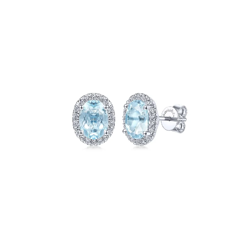 14K White Gold Diamond Halo and Oval Aquamarine Stud Earrings