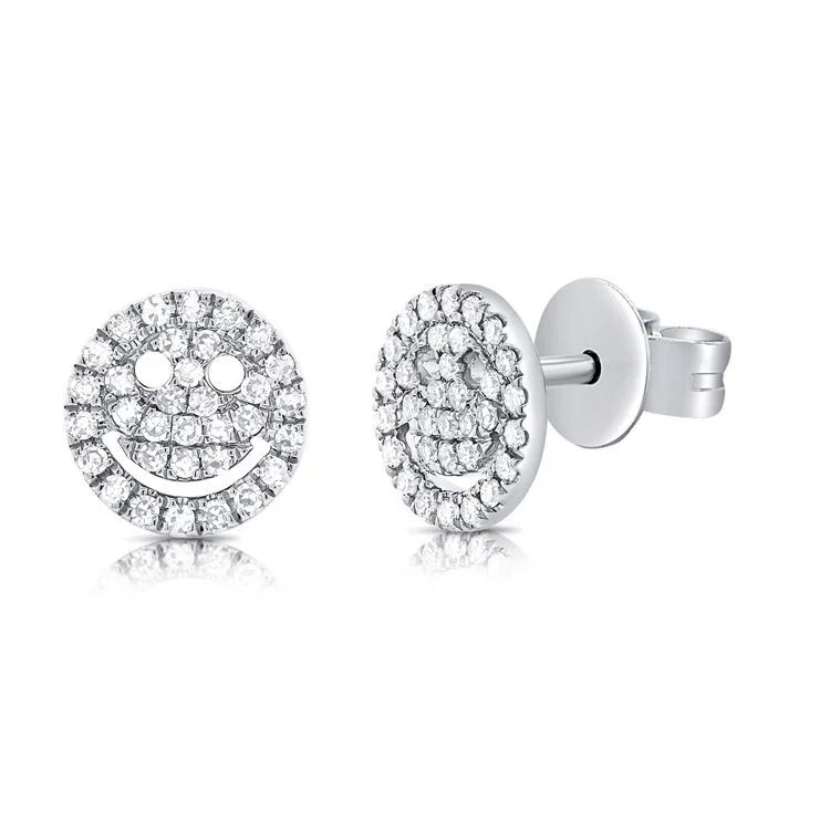 14k White Gold Diamond Happy Face Earrings