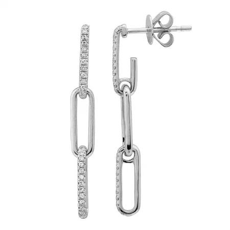 14k White Gold Diamond Link Dangling Paper Clip Earrings