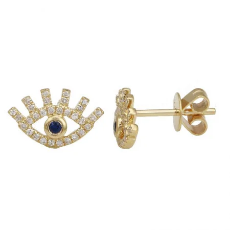 14K Yellow Gold Diamond + Sapphire Mini Evil Eyelash Earrings