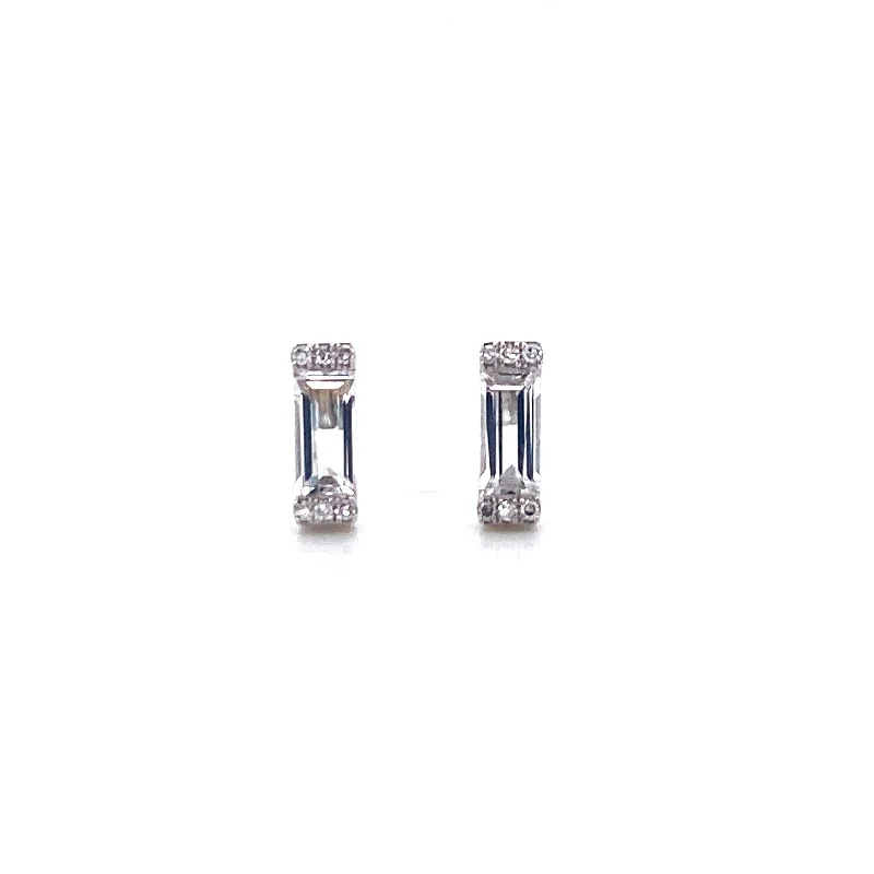 14K White Gold Diamond + White Topaz Baguette Earrings