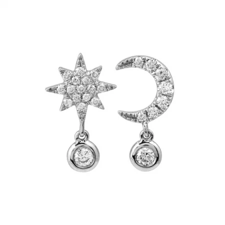 14k White Gold Moon & Star Diamond Stud Earrings