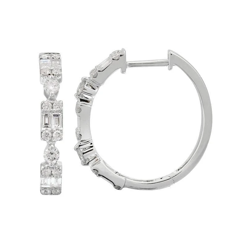 14K White Gold Round + Baguette Cluster Hoop Earrings