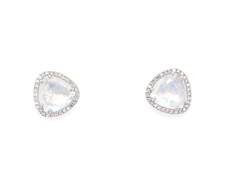 14K White Gold Round Diamond + Rainbow Moonstone Earrings