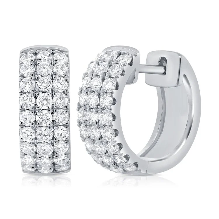 14K White Gold Triple Row Huggie Earrings