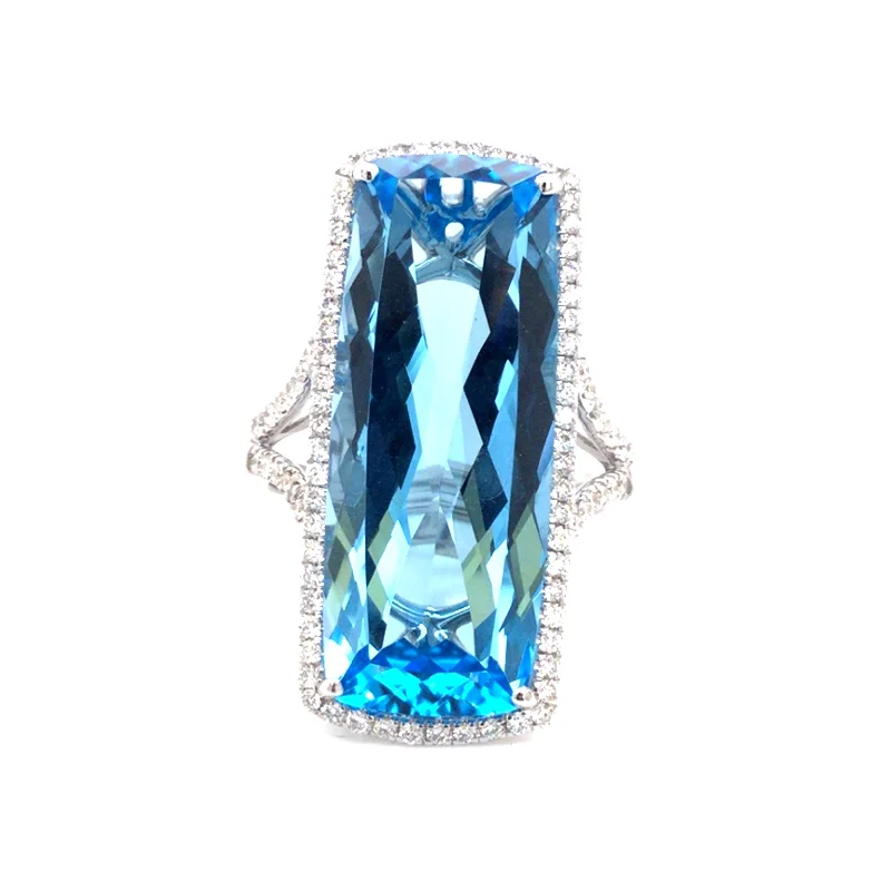 14K White Halo Blue Topaz and Natural Diamond Ring Size 7