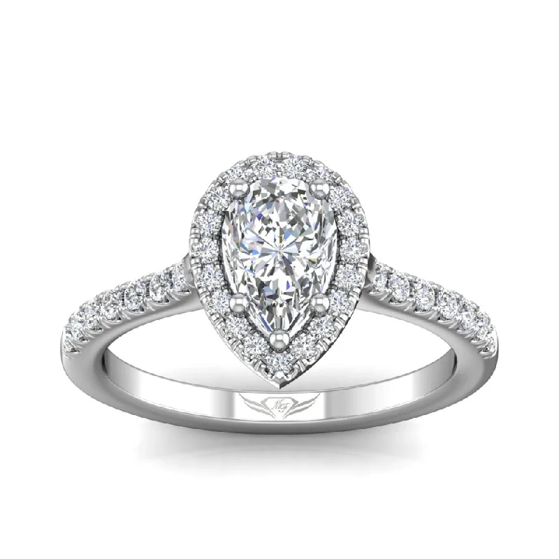 14K White Pear Natural Diamond Halo Engagement Ring