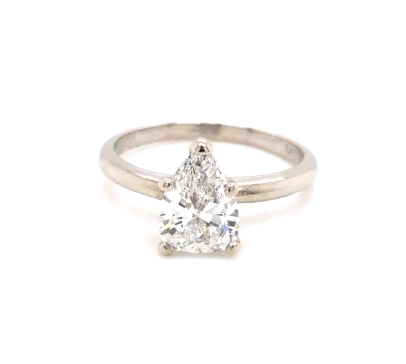 14K White Pear Natural Diamond Solitaire Engagement Ring