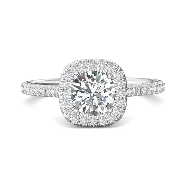 14K White Round Brilliant Cut Natural Diamond Halo Engagement Ring