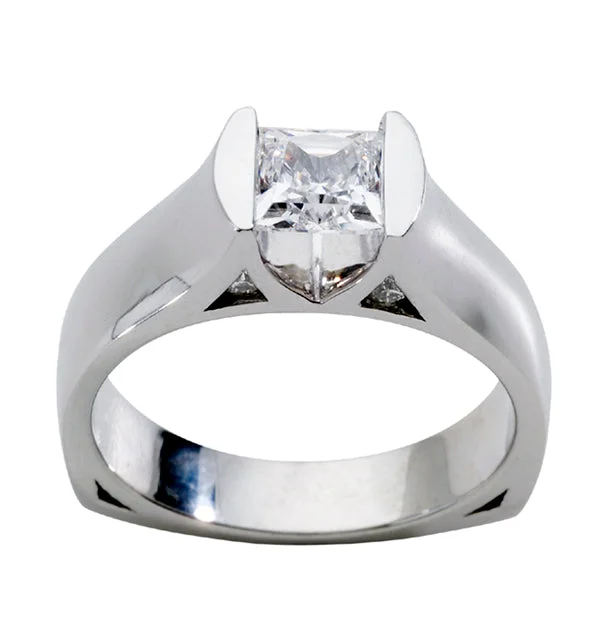 14K White Round Brilliant Cut Natural Diamond Tension Set Engagement Ring