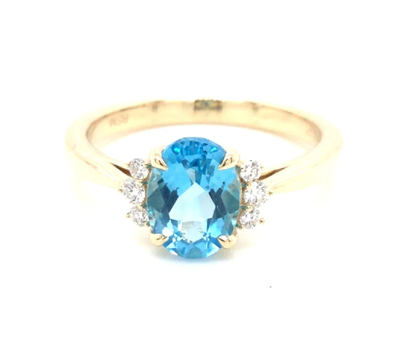 14K Yellow Classic Blue Topaz and Natural Diamond Ring Size 6.5