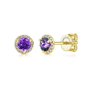 14K Yellow Gold Diamond + Amethyst Stud Earrings