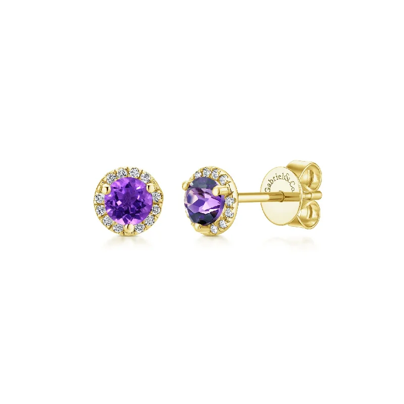 14K Yellow Gold Diamond and Amethyst Stud Earrings