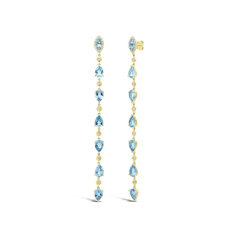 14K Yellow Gold Diamond + Blue Topaz Earrings