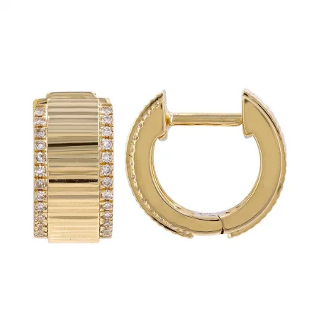 14K Yellow gold Diamond Border Fluted Huggie Hoop Earrings