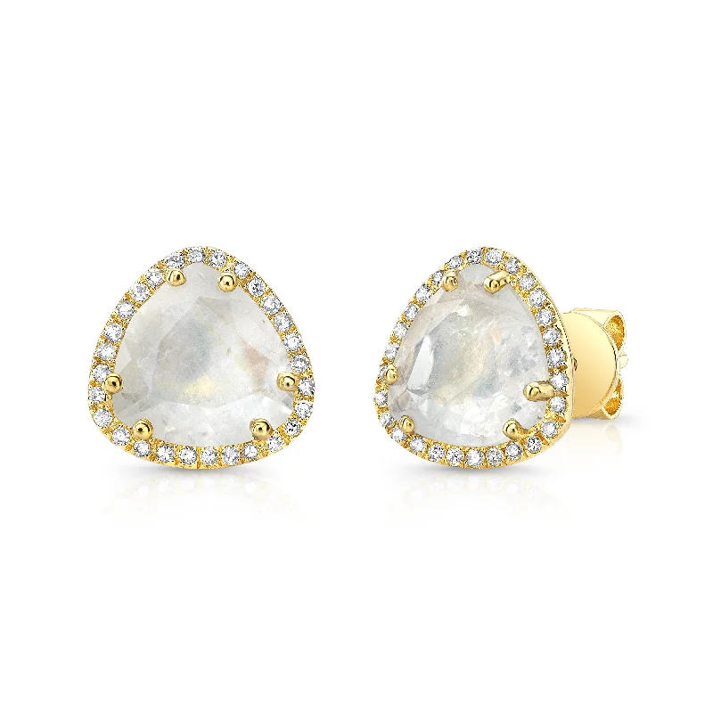 14K Yellow Gold Diamond + Moonstone Trillion Stud Earrings