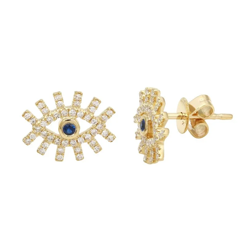 14K Yellow Gold Diamond + Sapphire Evil Eye Earrings