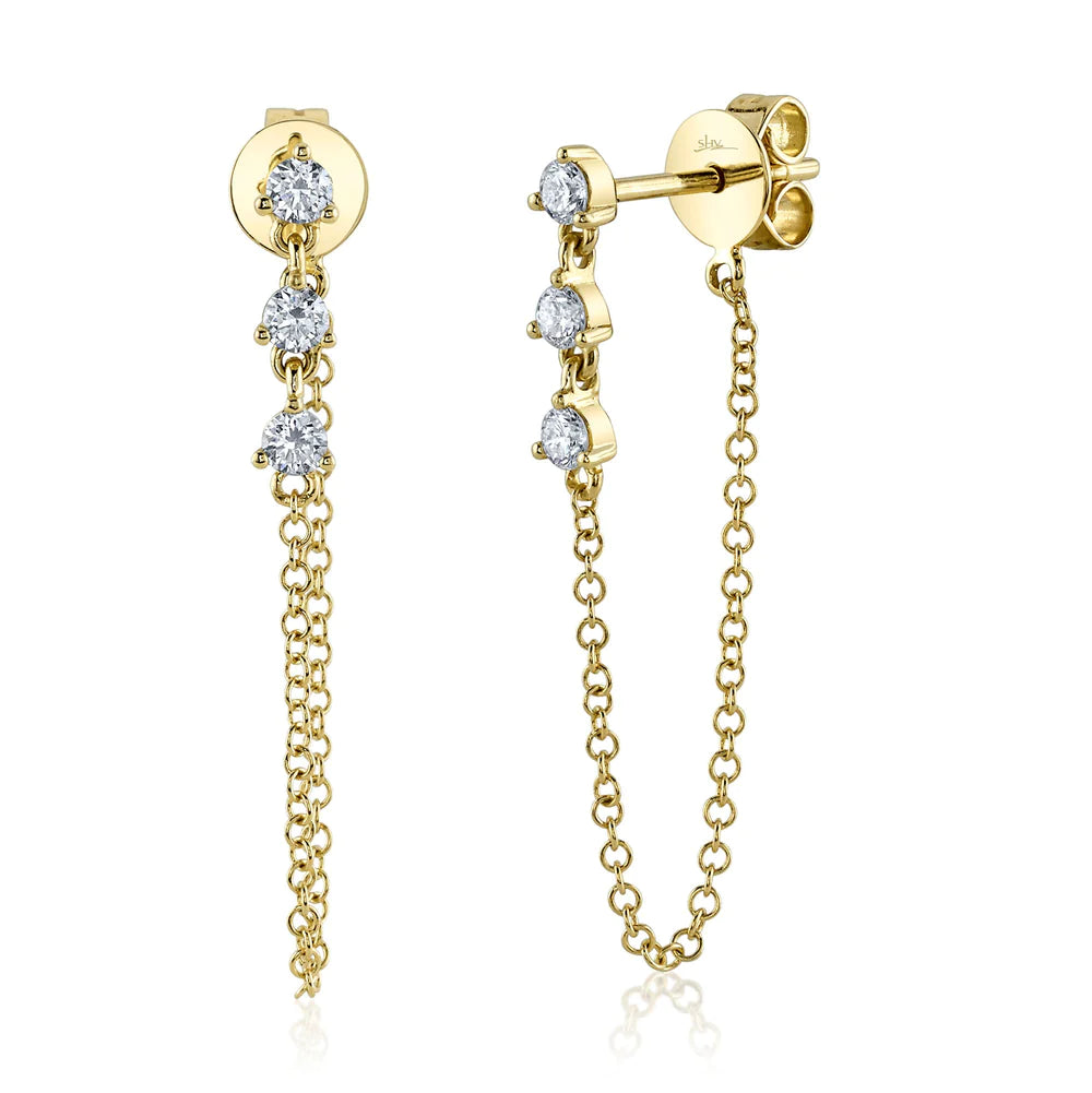 14K Yellow Gold Diamond Trio and Chain Earrings