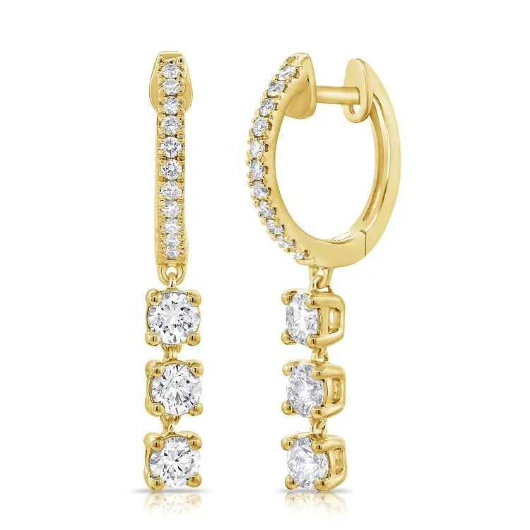 14K Yellow Gold Diamond Triple Dangle Huggie Earrings