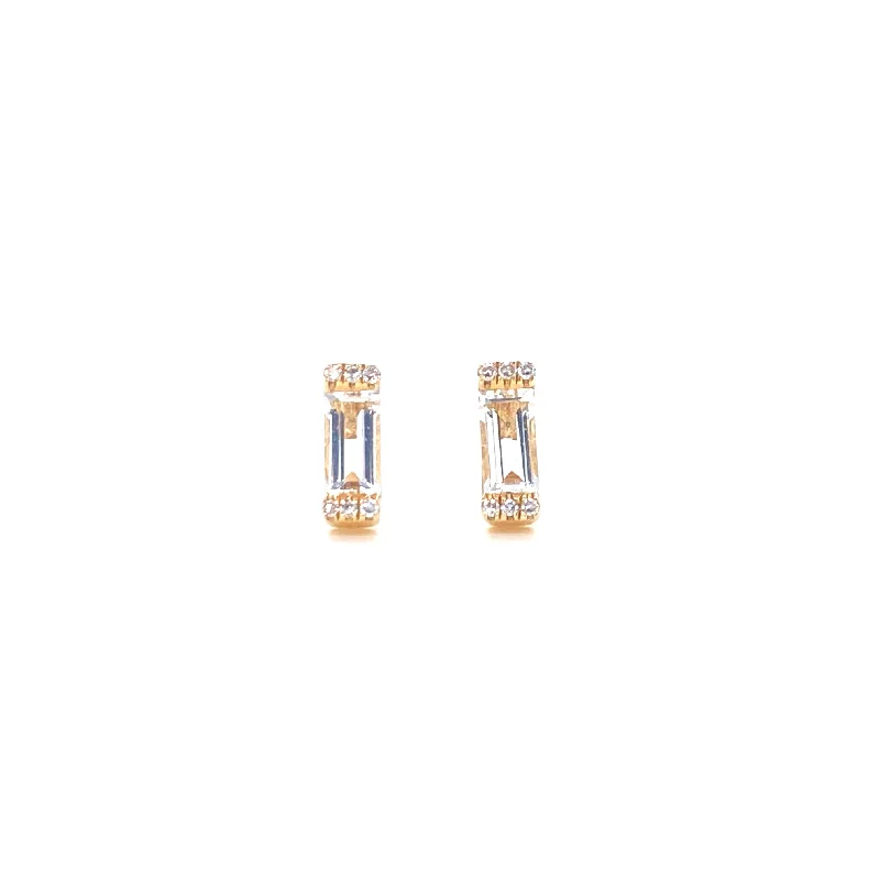 14K Yellow Gold Diamond + White Topaz Baguette Earrings