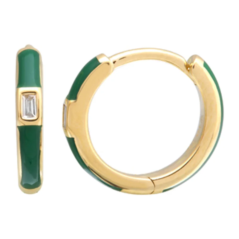 14k Yellow Gold Dark Green Enamel & Diamond Huggie Earrings