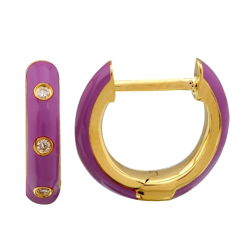 14k Yellow Gold Fushia Enamel & Diamond Huggie Earrings